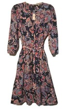 Talbots Womens Dress 12 Navy Floral Midi 3/4 Puff Sleeve Belted Lined Office 