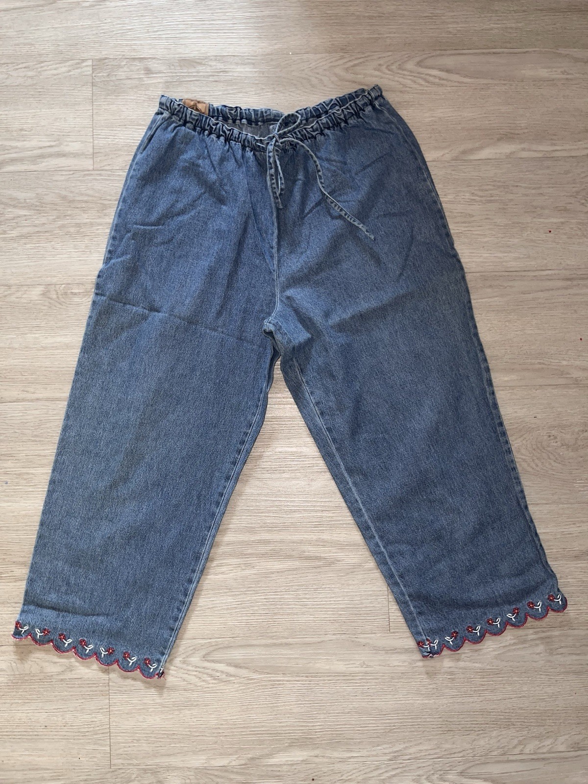 AMJ Women's Blue Denim Ankle Pants Embroidered Hem Drawstring Elastic Waist