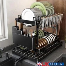 2 Tier Dish Drainer Rack with Drip Tray Cutlery Holder Plate Rack Kitchen Sink