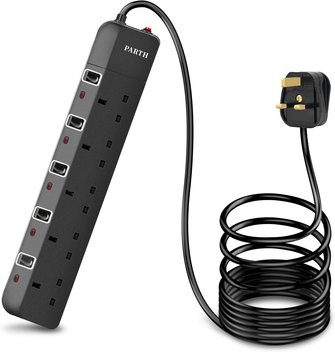 PARTH 2M Black Extension Lead Surge Protection - 5 Gang Multi UK Plug Extension