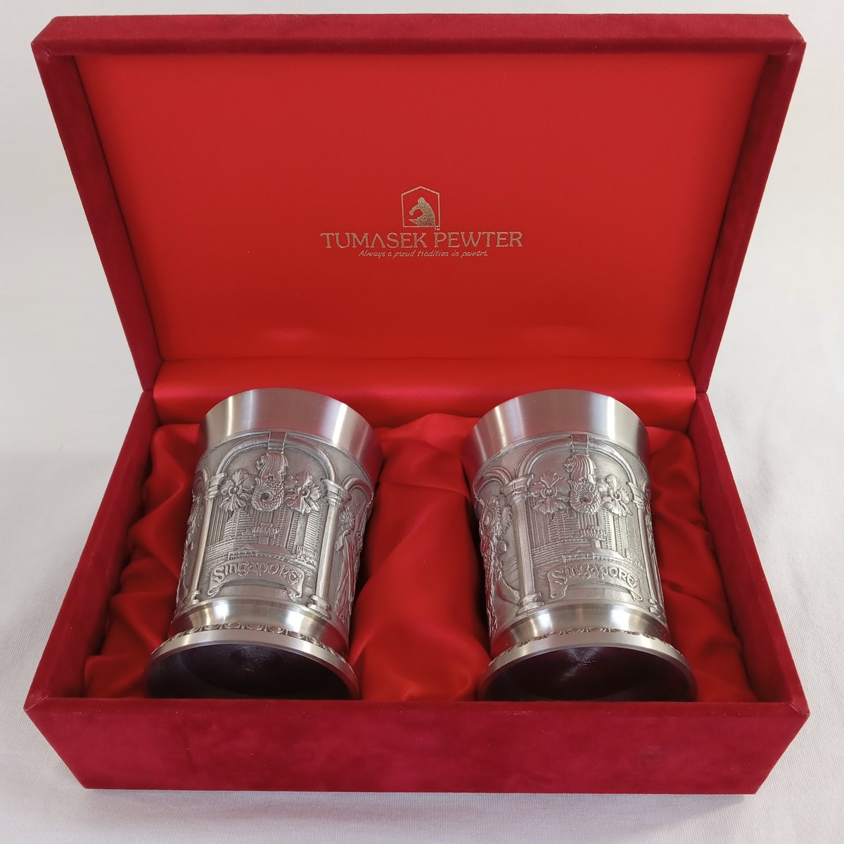 Tumasek Pewter Singapore Scenic Souvenir Glasses Set of 2 in Box