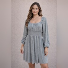 NWT Gray Smocked Empire Waist Dress Long Sleeve Square Neck Size XL