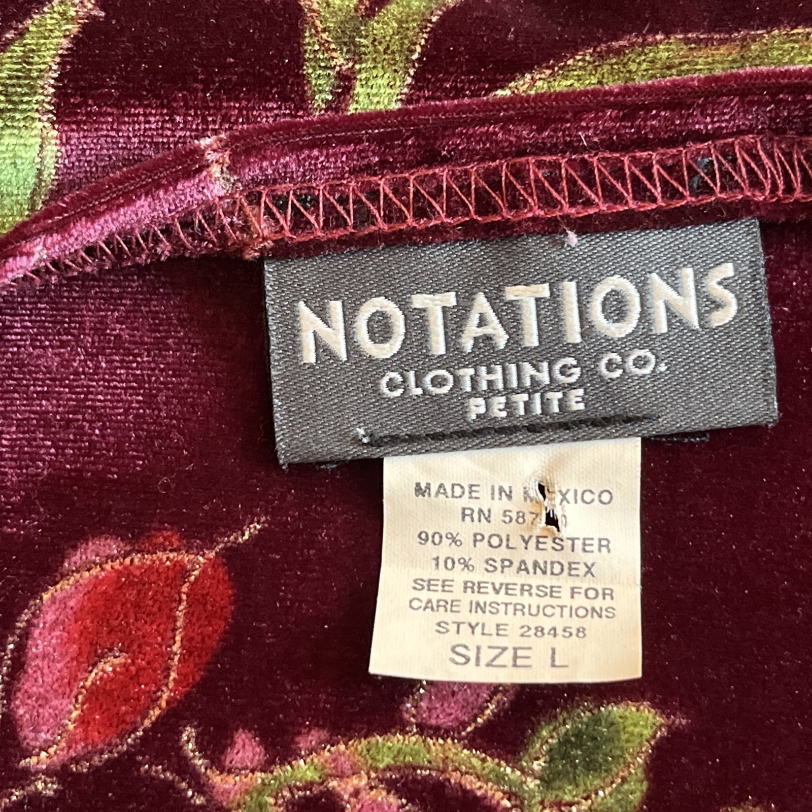 Notations Top Women's Size L Floral Burgundy Velvet Burnout Long Sleeve Blouse