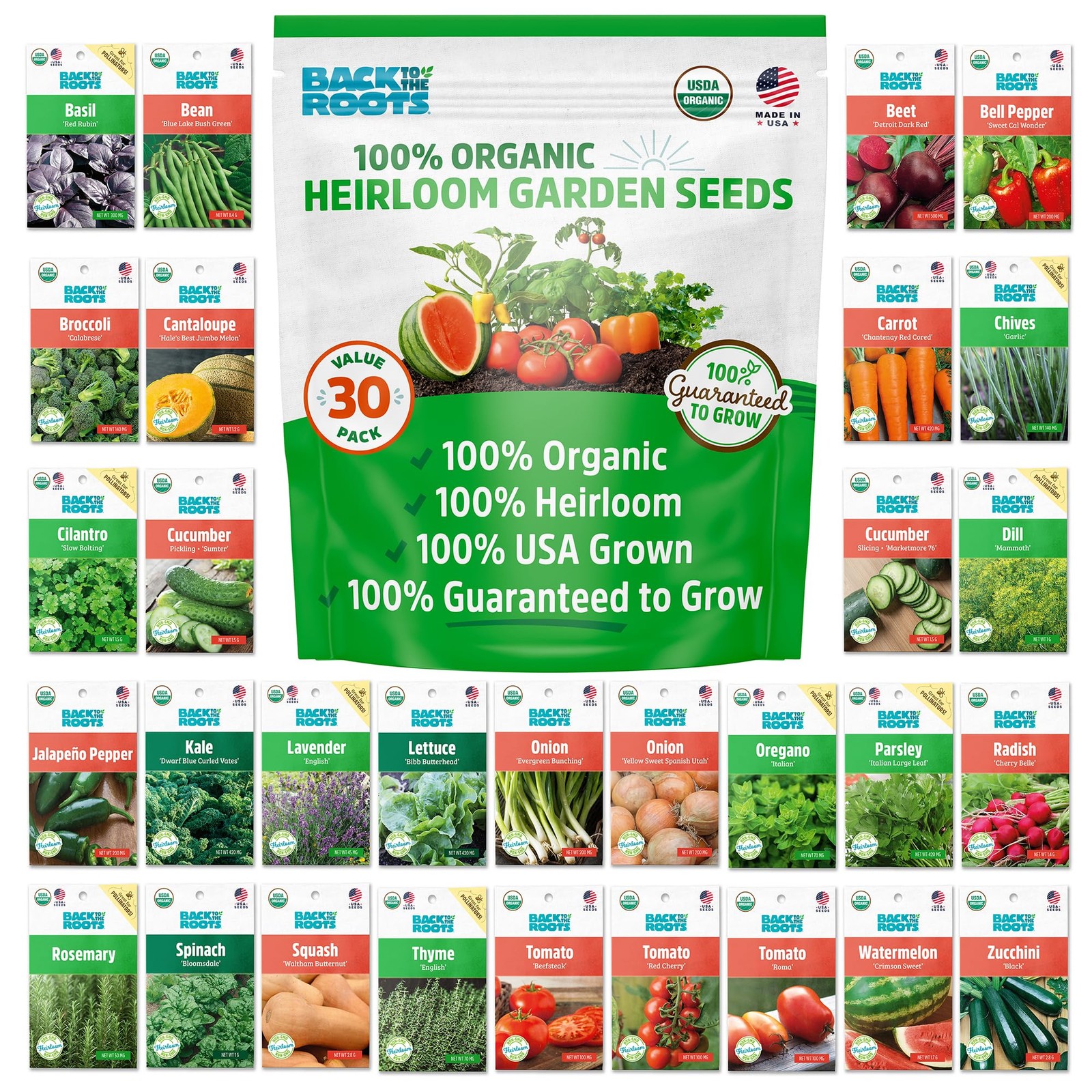 Organic Heirloom Vegetable and Herb Seed Bundle 30 Pack Non GMO Plant Seeds