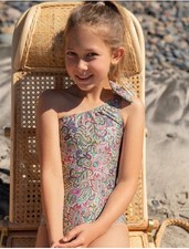 NWT Pilyq PQ 6 Girls Paisley Coast One Shoulder Bow 1Pc Swimsuit 118812