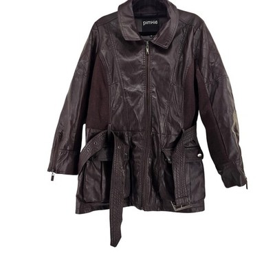 VIntage Pimkie Women Dark Brown Faux Leather Belted Moto Jacket Size 1X Retro