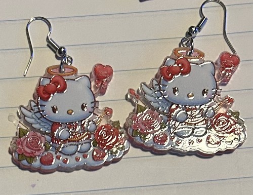 Hello Kitty Rose Basket Dangle Hook Earrings Character Charm Pink White