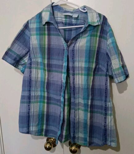 Liz & Me Damen Top Mehrfarbig Kariert Kurzarm 14W 0X Knopfleiste Cowboy Kern