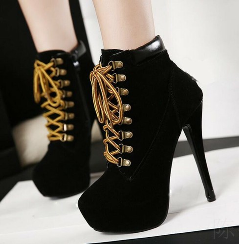 Women's Lace Up Platform Shoes 14cm High Heels Round Toe Ankle Boots Size 35-40 - Picture 6 of 16