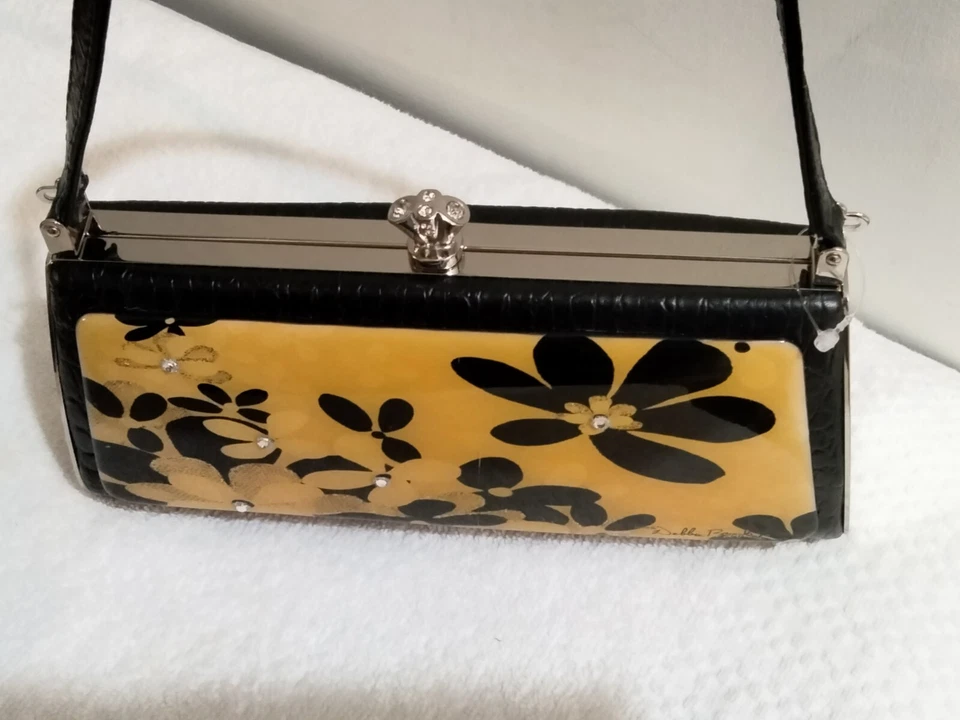 Bolso sin asas Debbie Brooks cristales de Swarovski carcasa dura amarillo negro flores firmado  Foto 3 de 4