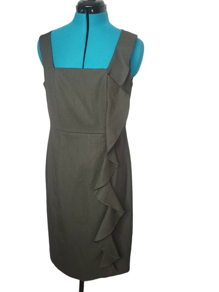 JACQUI E women's ruffle dress size 10 grey career work office square neck sheath