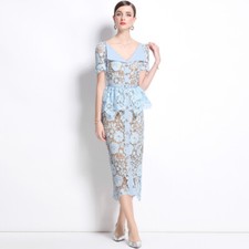 Womens Lace Dress French Elegant Buckle Slim Fit Short Sleeved Hollow Lace Dress