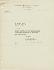 1949 Southern Methodist University Signed Baseball Letter