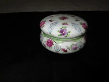 Marked Vintage ROSE FLORAL China DRESSER TRINKET DISH w/Cover - 3 3/4" x  2 1/8"