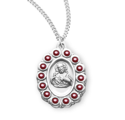 Sterling Silver Scapular w/ Ruby Crystals 0.9'' Medal + 18'' Chain S3277RB18