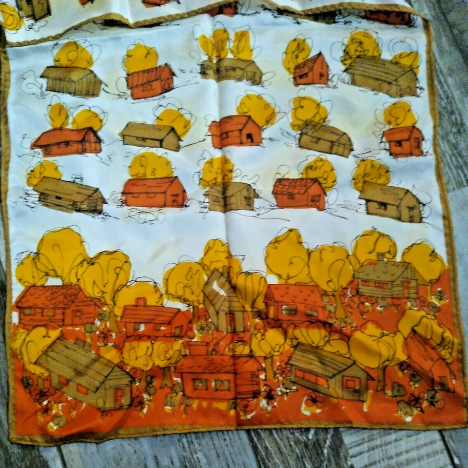 Bufanda vintage para mujer Japón blanca naranja casas pueblo rectangular retro años 60 70 Foto 2 de 4