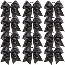 12 Pieces 8 Inch Black Cheer Bows Glitter Jumbo Cheerleading Bow with Elastic...