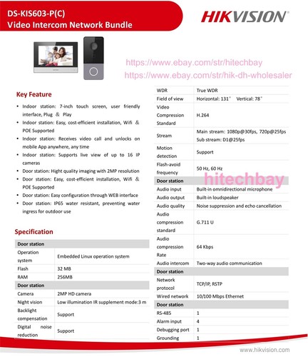 IP Video Intercom Kit DS-KIS603-P(C) Türstation DS-KV6113-WPE1(C) + Monitor - Bild 5 von 6