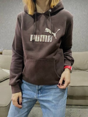 Rare Vintage 90s PUMA Brown Hoodie Sweatshirt Animal Print Logo 
