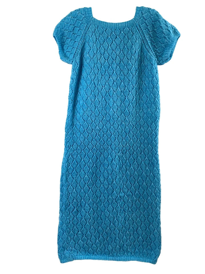 Винтажный 70-х ручной работы вязаное платье женщин средний бирюзовый синий Midi - Изображение 2 из 4