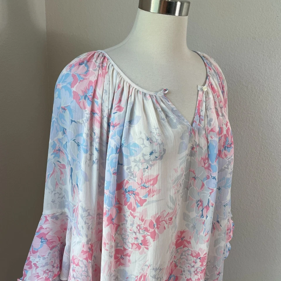 Blusa Chaps Feminina Plus 1X Floral Camponesa Boho Manga Sino Camisa Chiffon Top - Imagem 2 de 4