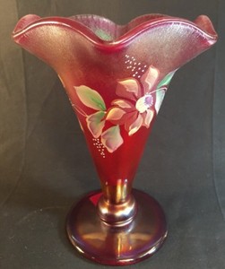 Fenton-Art-Glass-Hand-Painted-Ruby-Red-Carnival-Stretch-Vase