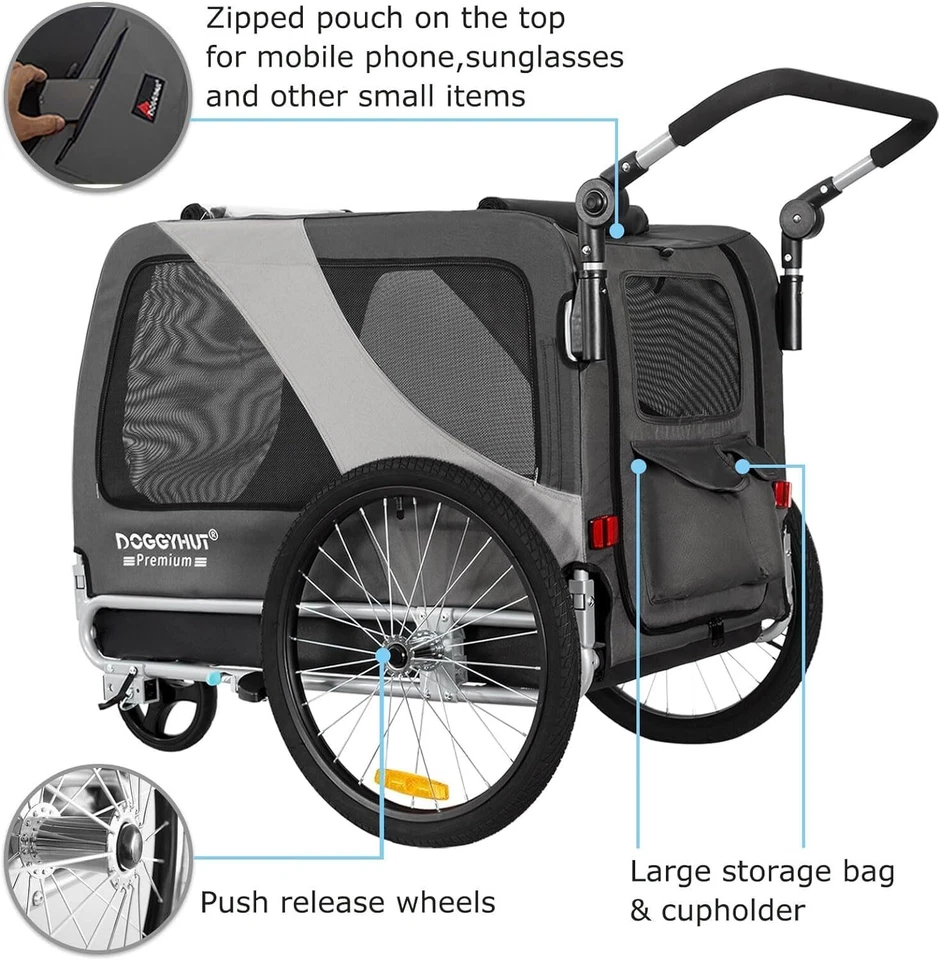 Doggyhut XL Pet Bike Trailer & Stroller for Dogs Up to 45kgs Parking Brakes - Image 3 of 4