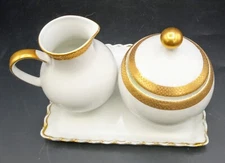 Mitterteich Bavaria Germany SUGAR BOWL, CREAMER & Underplate Gold & White EUC