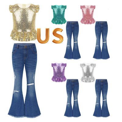 Girls Sparkly Sequins Crop Top with Ripped Flared Jeans Long Pants Outfits 