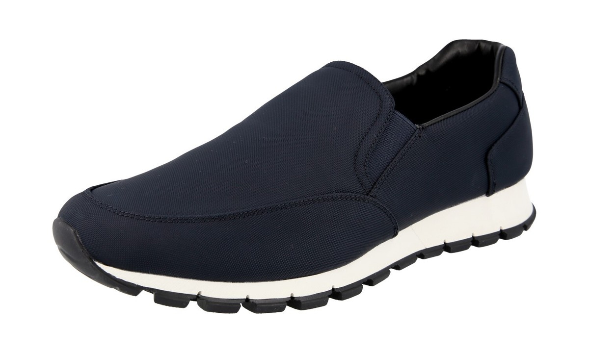 PRADA SLIP-ON SNEAKERS SHOES NAVY BLUE WHITE LEATHER NYLON 