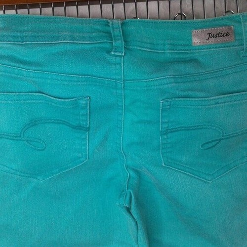 Justice Jeans Girls Capri Turquoise Green Stretch Simply Low Jeans Size 12.5 - Picture 7 of 9