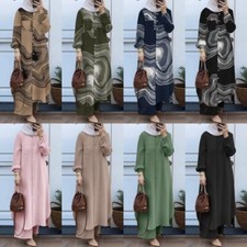 2PCS Women Arab Sets Modest Casual Dress and Pants Muslim Islamic Abaya Kaftan