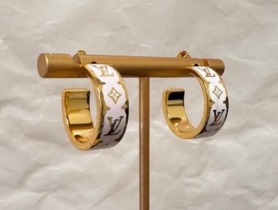 Louis Vuitton LV Monogram Hoop Earrings Gold Tone White Enamel # 543
