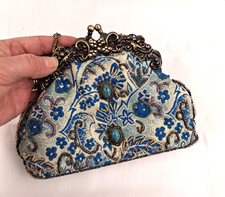 VTG Blue Glass Seed Beaded Floral Scroll Tapestry Purse W/Blue Stone Accents
