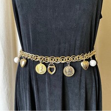 Vintage 80s 90s Gold Tone Charm Belt Coin Heart Faux Pearl Chain Belt