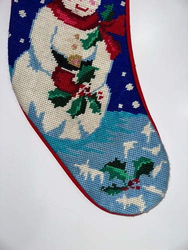 Vtg Snowman Gloves Hat Blue Red & Green Needlepoint Christmas Stocking 24” EUC - Picture 7 of 10