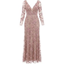 Mac Duggal Rose Pink Floral Applique Gem Long Sleeve Illusion Gown V-neck NEW