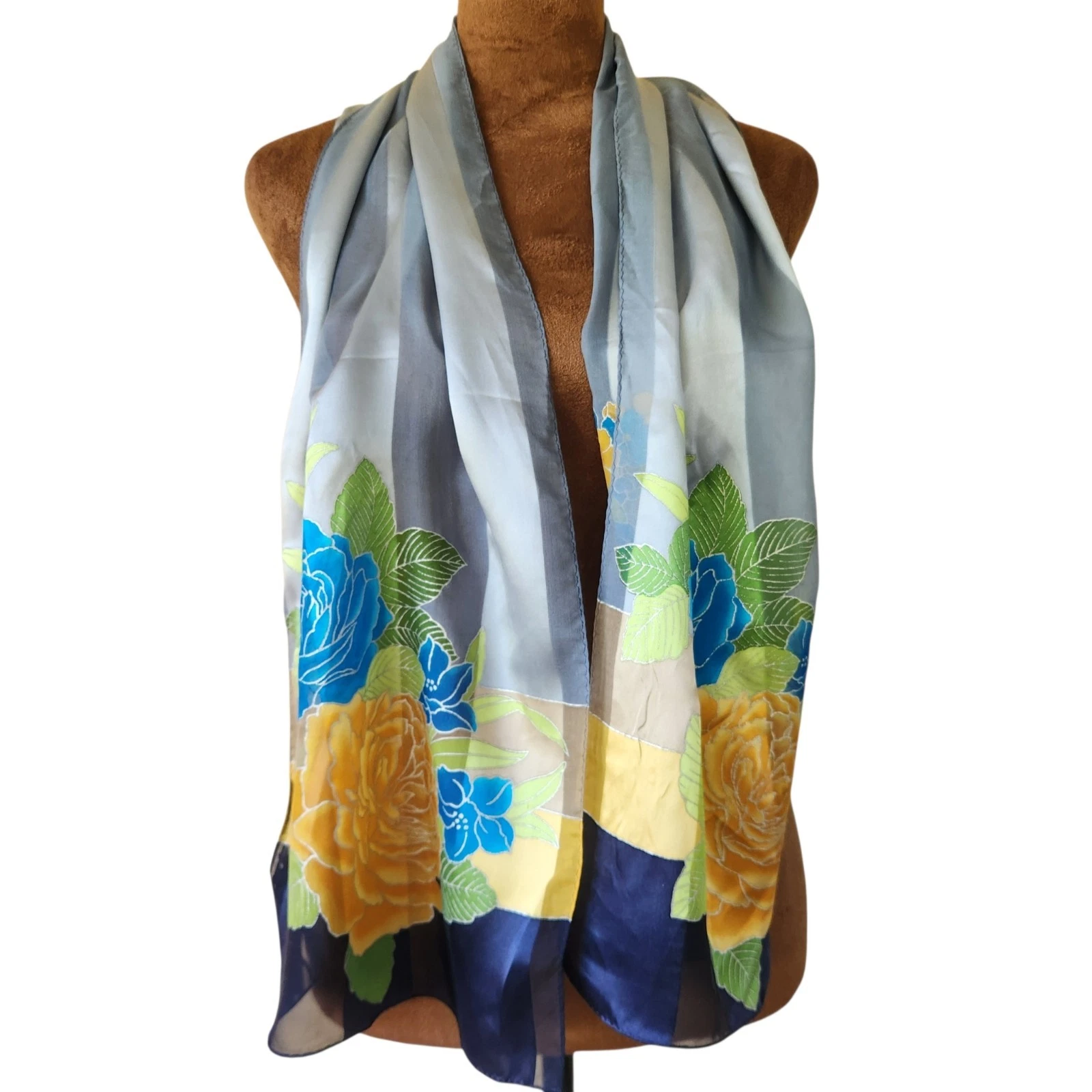 NWT Charter Club 100% Silk Scarf Blue Yellow Gold Floral Stripes Summer Spring