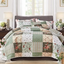 Patchwork Quilts Set King Size - 3 Pieces Floral Quilt Set Green White Plaid ...
