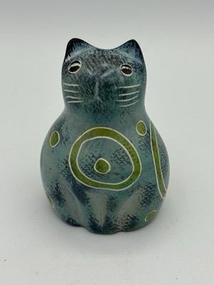 Carved Soapstone Sitting Cat 3.25  Kenya Green Blue