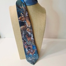 Vtg 80's Ralph Marlin Deer Buck Blue Nature Forest Hunting Neck Tie USA Made
