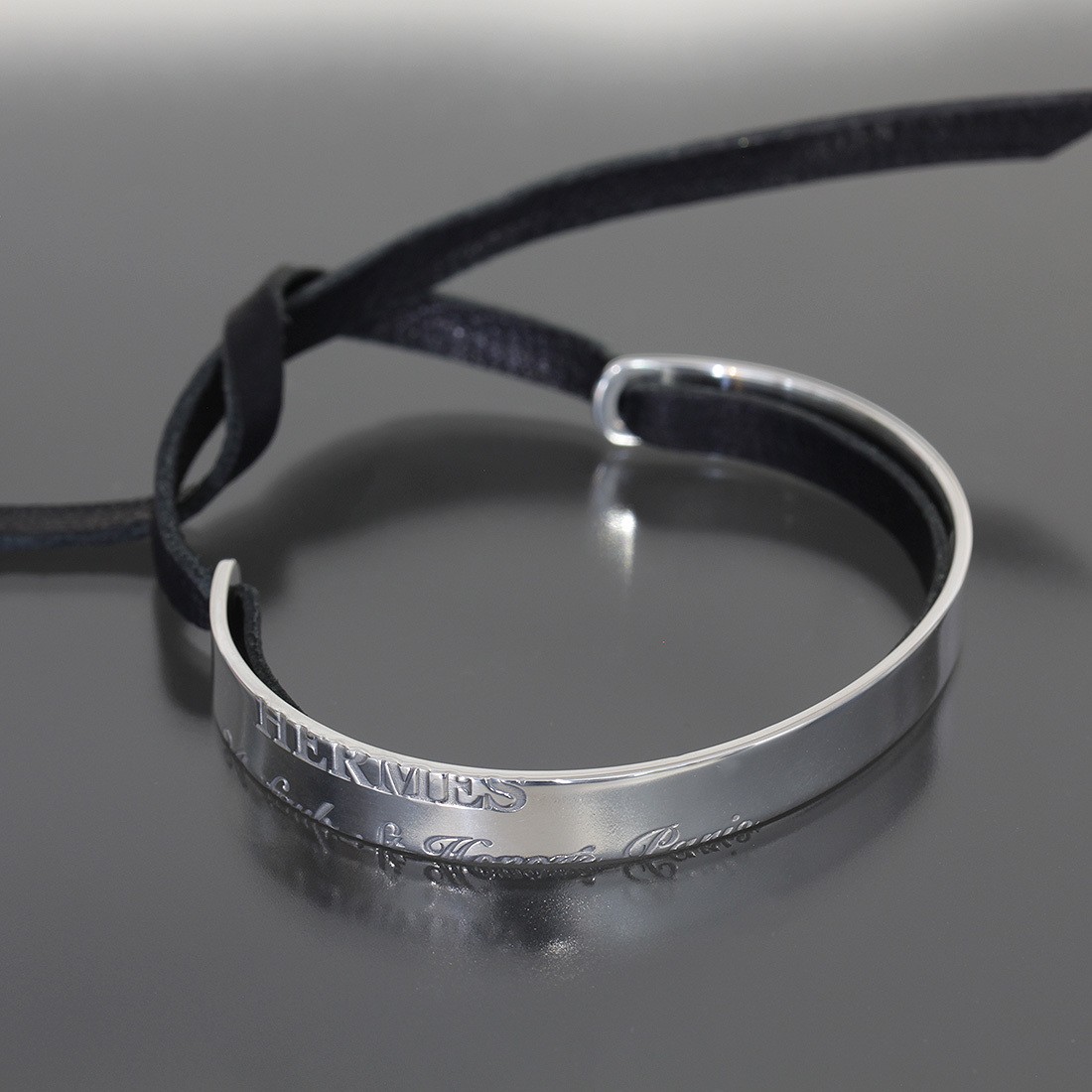 Hermes Cartouche Leather Bracelet in Ag925 Silver with Box E0568