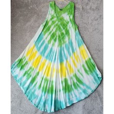Womens Dress Free Size Green Yellow Blue Tie Dye Boho Handkerchief Hem Midi