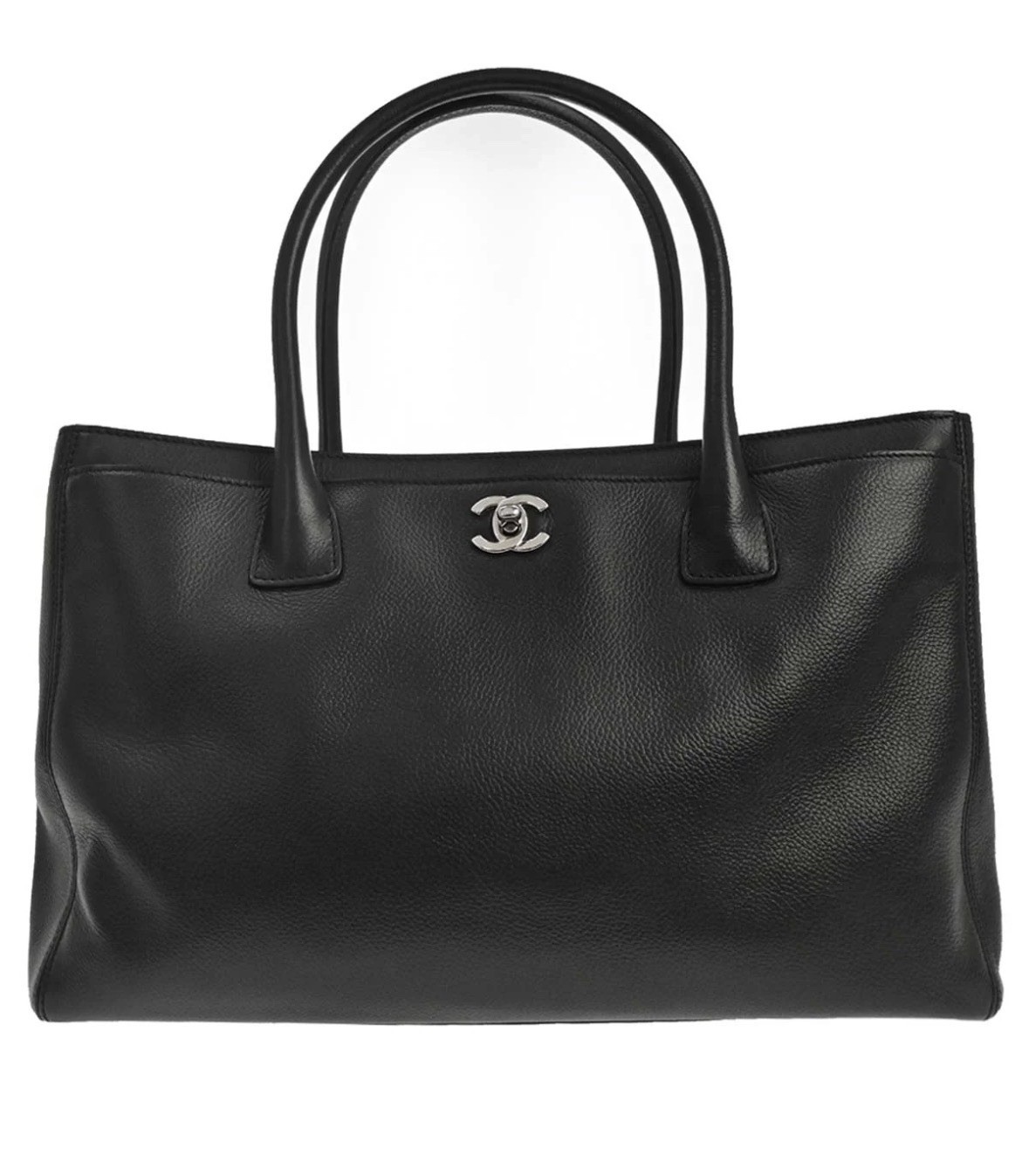 CHANEL Black Pebbled Leather Tote Bag Silver CC Logo Turn Lock Double Handles image 2
