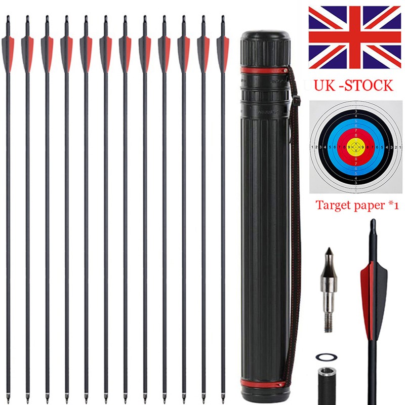 12X 30"" Carbon Arrows Quiver Set Archery for Recurve Bow Target Hunting&Shooting