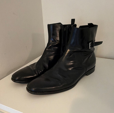 Prada Men s Black Leather Ankle Bootie Boots Zip Closure Buckle 10 UK