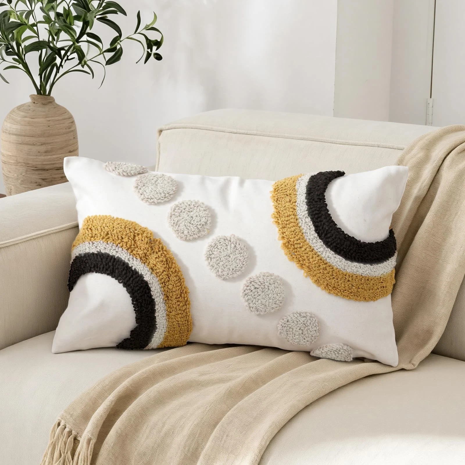 Boho Abstract Tufted Lumbar Pillow Cover 12x 20, Geometric Rainbow Cottagecor...