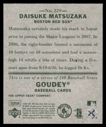 2007 Upper Deck Goudey Mini Daisuke Matsuzaka RC #229 - Picture 2 of 2