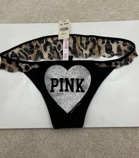 NWT Rare Victoria s Secret PINK Black Silver Heart Leopard Lace Thong Panty M