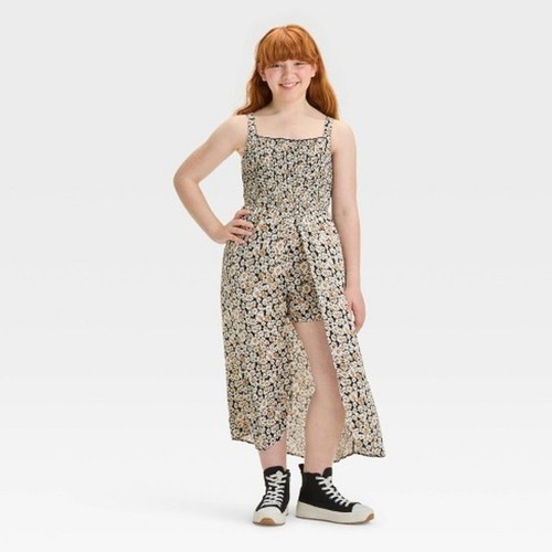 Art Class Girls L 10/12 Walkthrough Dress Smocked Brown Floral Sleeveless Midi